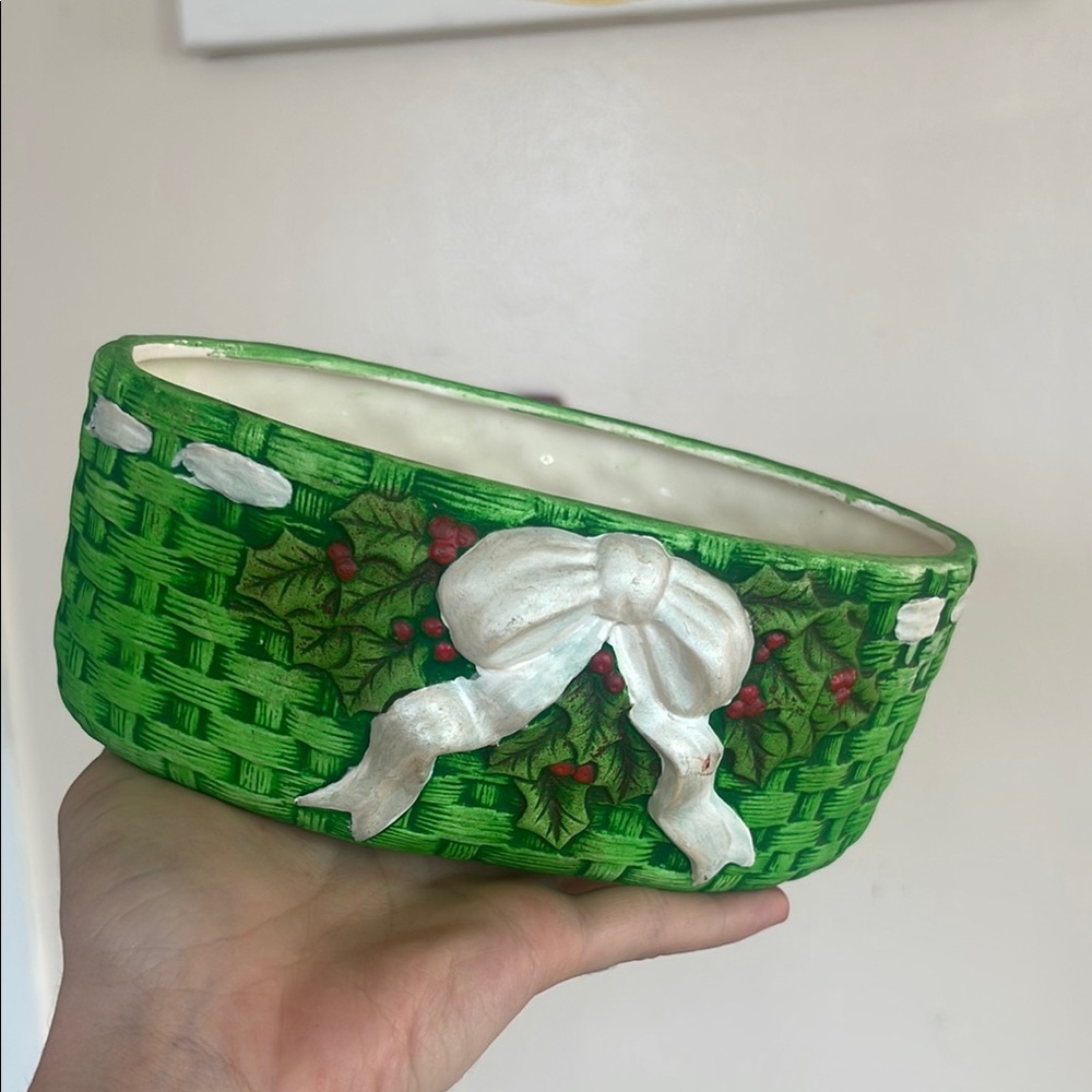 Festive Green Basket with White Bow porcelain planter pot